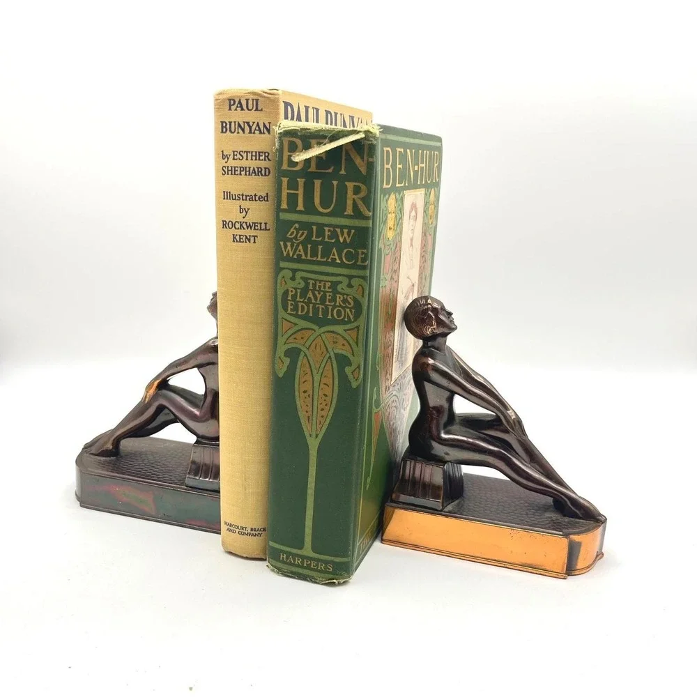 Vintage Art Deco Bronze Tone Clad Seated Nude Female Bookends Japan Pair Patina